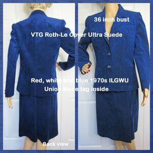 VTG Roth-Le Cover Ultra Suede cobalt blue 36" bust V-neck Blazer & Skirt, 1970s
